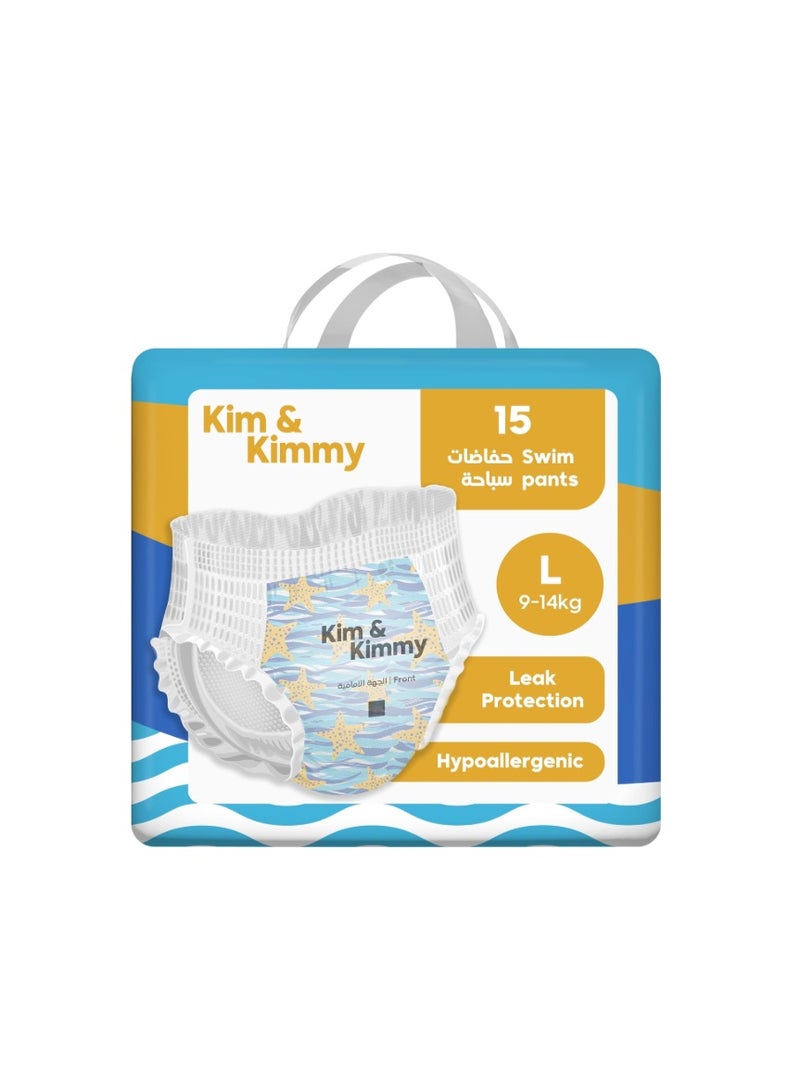 Kim & Kimmy Swim Diaper Pants, Size L, 9-14 kg / 6-12 Months, 15 Pants - Leak Protection, No Swelling, No Rashes, Ultra-Soft & Comfy - Cruelty Free & Vegan - Image 1