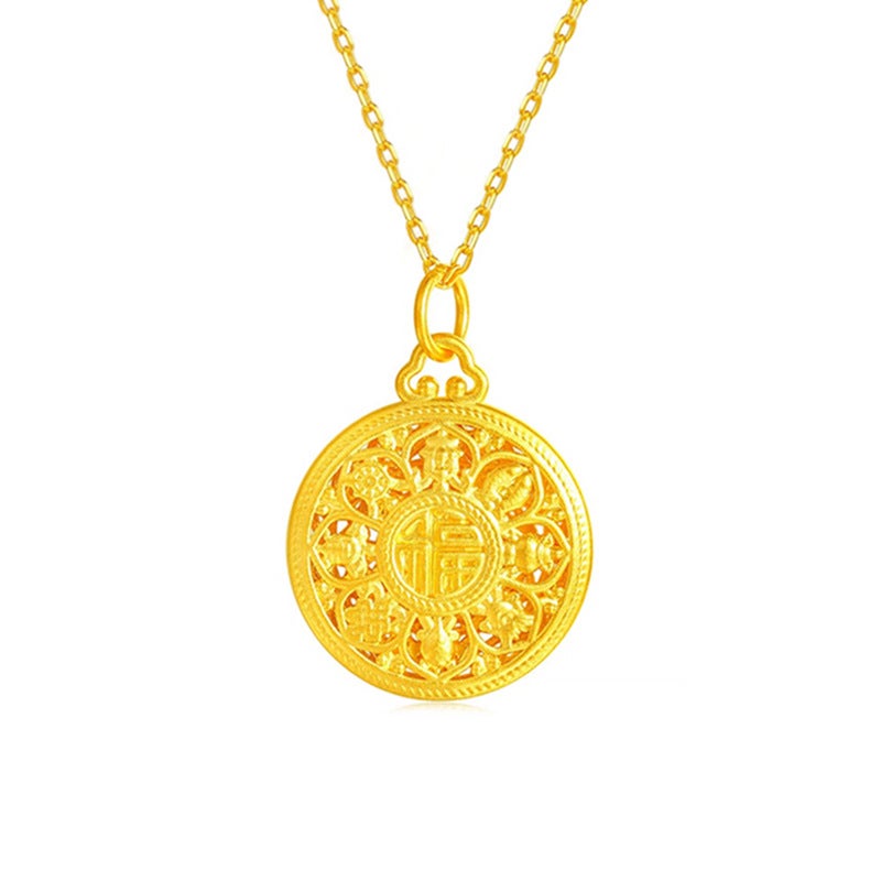 Generic Vietnam Sand Gold Eight Treasures Fugui Hollow Lotus Pendant Brass Gold Plated Ancient Forte Lotus Compass Pendant Necklace Eight treasure rich lotus pendant + O-shaped chain 