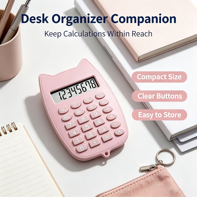 White Cat Ear Shaped Mini Calculator 8 Digit Clear Display Responsive Buttons Addition Subtraction Multiplication One Random Football Sticker Included - Image 5