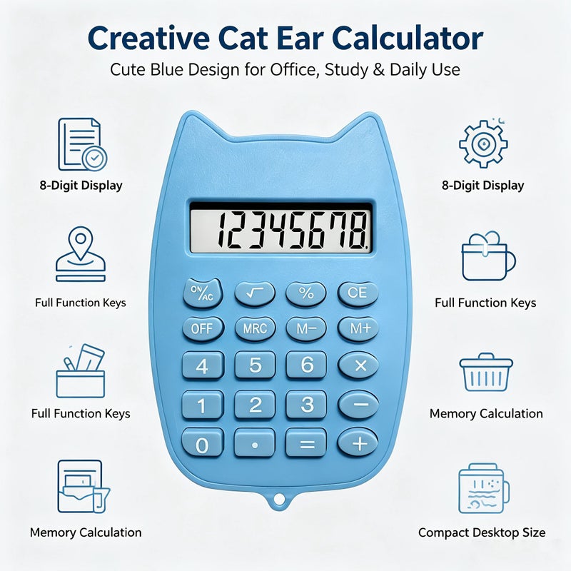 White Cat Ear Shaped Mini Calculator 8 Digit Clear Display Responsive Buttons Addition Subtraction Multiplication One Random Football Sticker Included - Image 4