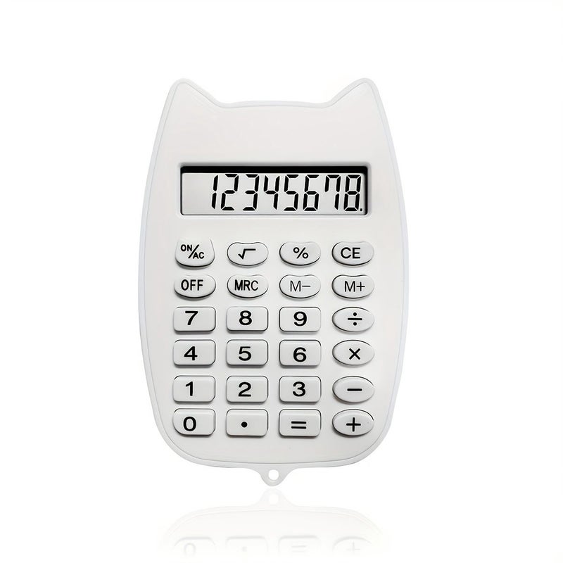 White Cat Ear Shaped Mini Calculator 8 Digit Clear Display Responsive Buttons Addition Subtraction Multiplication One Random Football Sticker Included - Image 1
