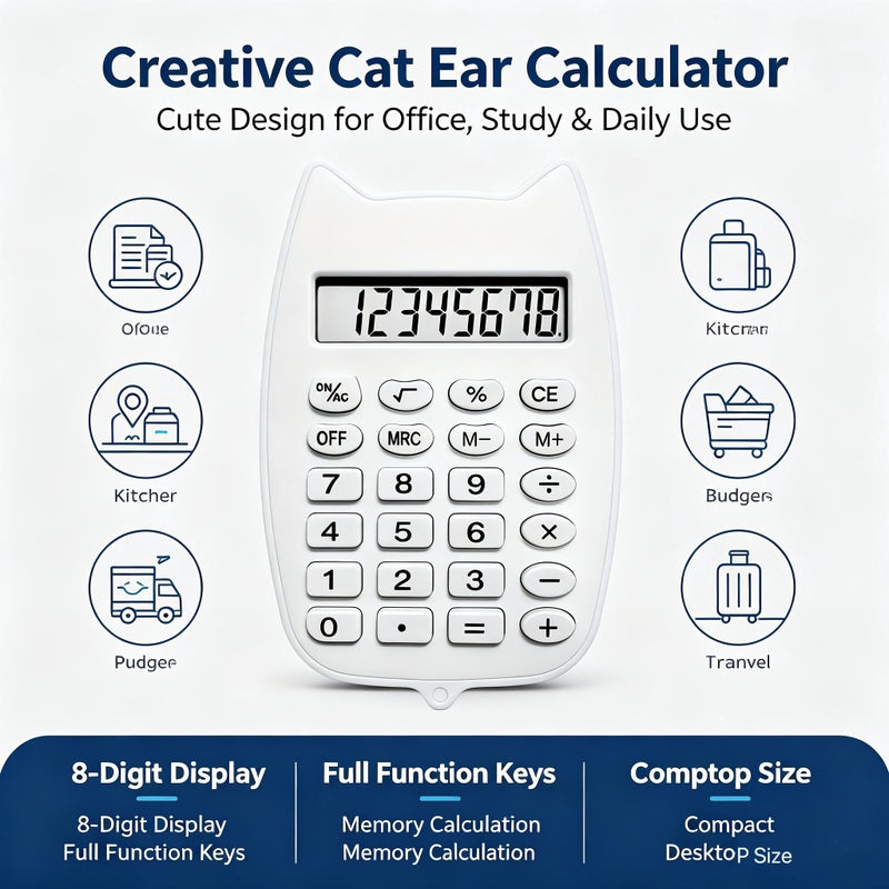 White Cat Ear Shaped Mini Calculator 8 Digit Clear Display Responsive Buttons Addition Subtraction Multiplication One Random Football Sticker Included - Image 2