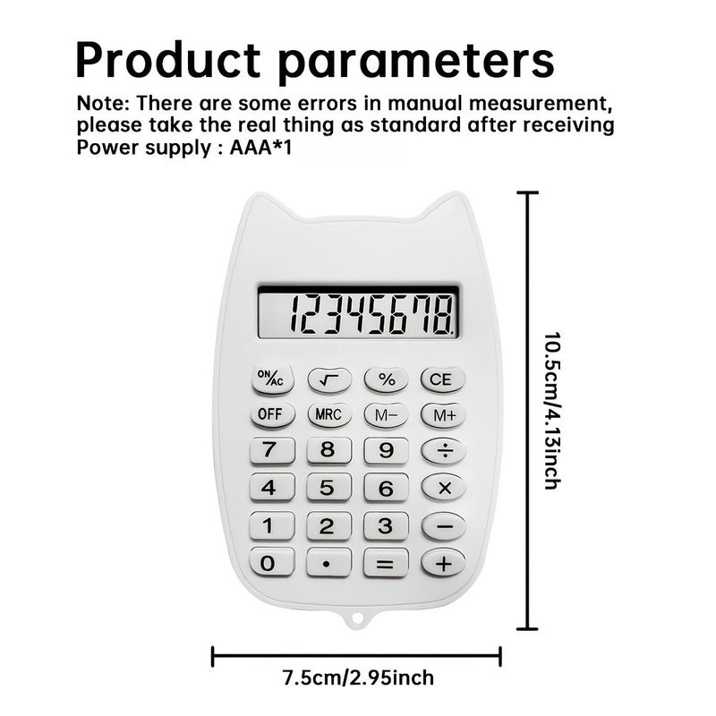 White Cat Ear Shaped Mini Calculator 8 Digit Clear Display Responsive Buttons Addition Subtraction Multiplication One Random Football Sticker Included - Image 3