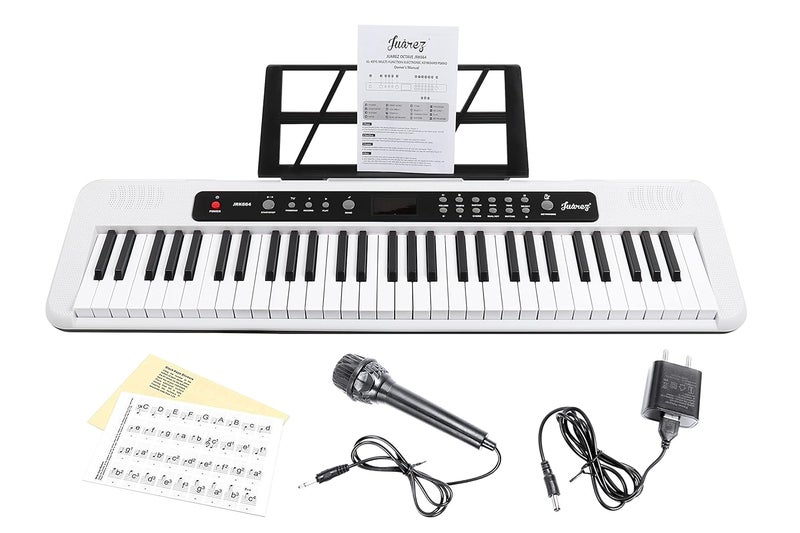 Juarez JRK664 61-Key Electronic Keyboard – 200 Rhythms, 200 Tones, 70 Demo Songs, Mic, Adapter, Keynote Stickers, Stand, Record & Play, White – Beginner Kit with Display - Image 1