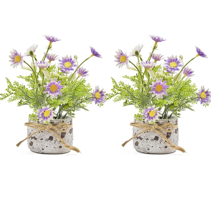 Fuxdre Daisy Artificial Flowers in Cement Vases 2Pcs,Daisies Faux Flowers Farmhouse Home Coffee Table Bookshelf Office Desk Decorations Kitchen Dining Room Fake Plants Indoor(Purple) - Image 1