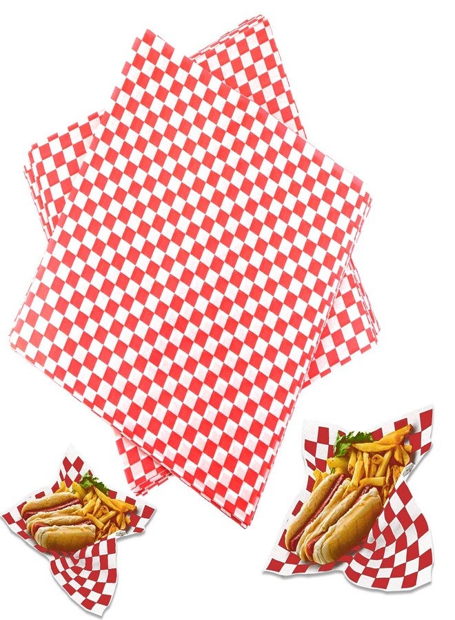 Hslife 100 Sheets Checkered Dry Waxed Deli Paper Sheets, Paper Liners for Plastic Food Basket, Wrapping Bread and Sandwiches (Red) - Image 1