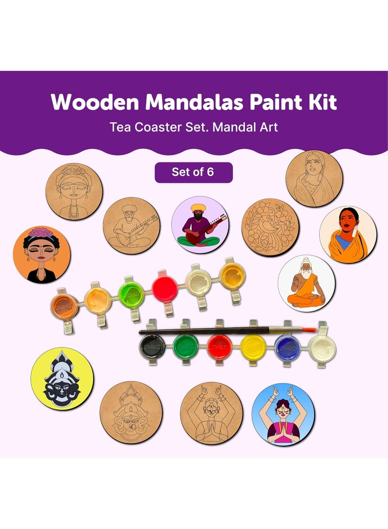 Mini Leaves Wooden Mandala Painting Kit Tea Coasters Art and Craft Kit for Girls Boys 9-12 Years Coaster DIY Kit Set of 6 - Size: 10 x 10 CM - Image 1