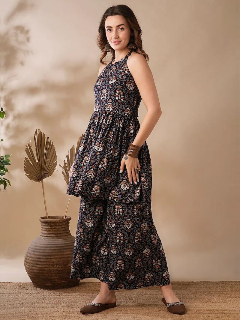 globus Women Black Floral Printed Halter Neck Tunic & Palazzo