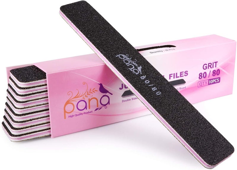10PCS Jumbo Size PANA Professional Double Sided Nail Files - Black, 80/80 Grit - Emery Board Nail Buffering File Manicure Pedicure Nail Polisher Washable