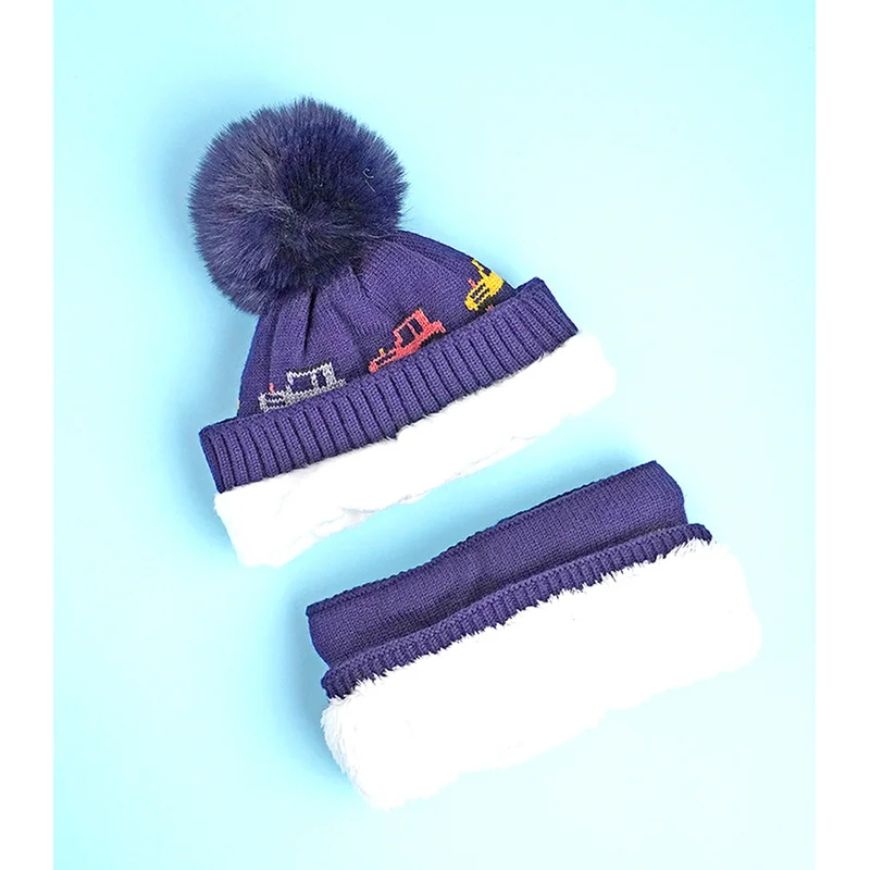 LITTLE SURPRISE BOX 2Pcs Blue Red Cars Themed Beanie Winter Cap With Matching Neck Cuff Style Muffler For Kids