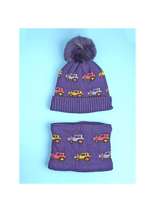 LITTLE SURPRISE BOX 2Pcs Blue Red Cars Themed Beanie Winter Cap With Matching Neck Cuff Style Muffler For Kids