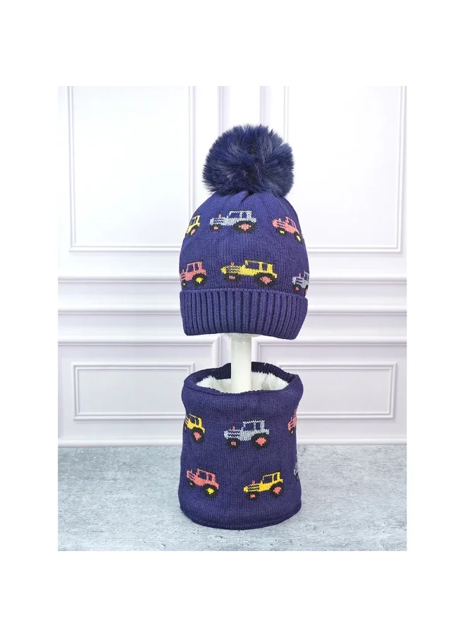 LITTLE SURPRISE BOX 2Pcs Blue Red Cars Themed Beanie Winter Cap With Matching Neck Cuff Style Muffler For Kids