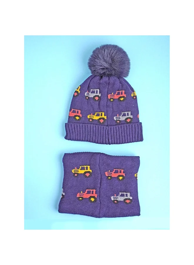 LITTLE SURPRISE BOX 2Pcs Blue Red Cars Themed Beanie Winter Cap With Matching Neck Cuff Style Muffler For Kids