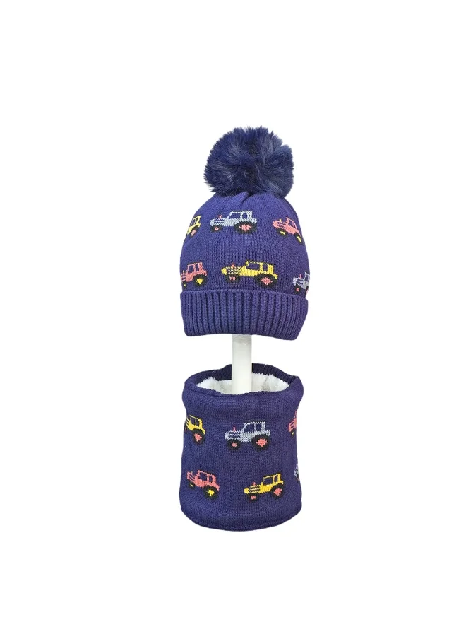 LITTLE SURPRISE BOX 2Pcs Blue Red Cars Themed Beanie Winter Cap With Matching Neck Cuff Style Muffler For Kids