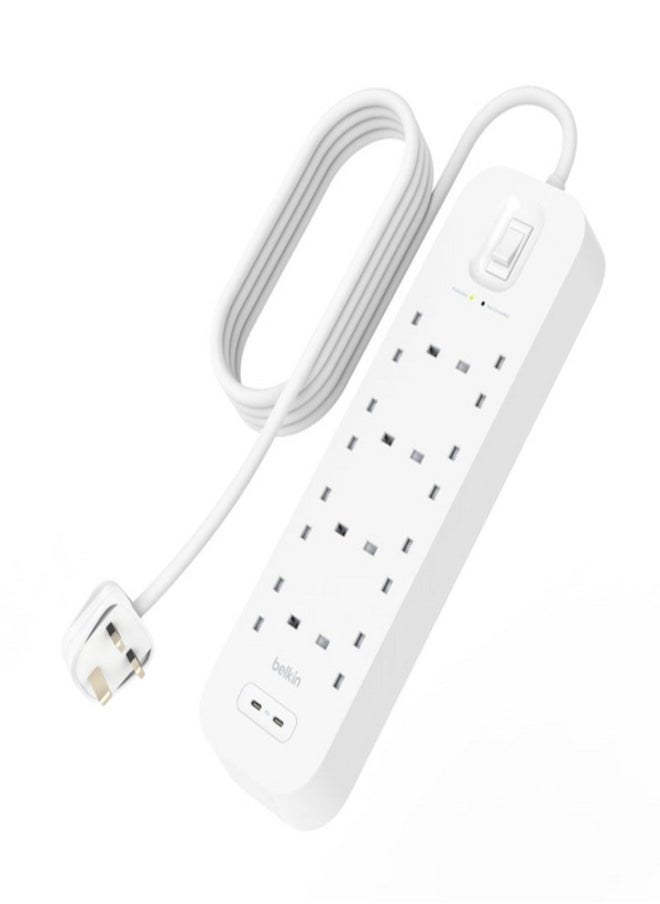 belkin 30W 8-Way 2-USB Power Extension Surge Protector White 2m BKN-SRB004AR2M  - Image 2