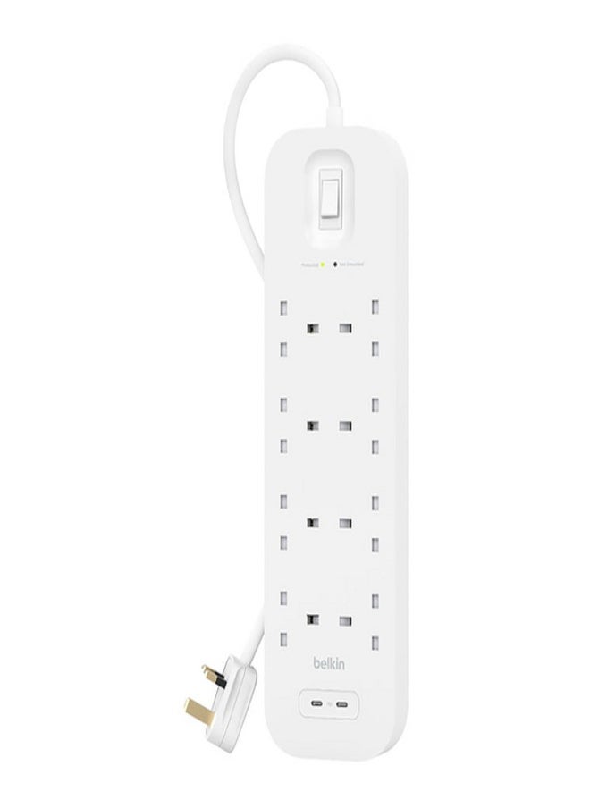 belkin 30W 8-Way 2-USB Power Extension Surge Protector White 2m BKN-SRB004AR2M  - Image 1