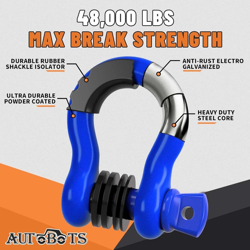 AUTOBOTS Bow Shackles 3/4" D Ring Shackle (2 Pack), 48,000Ib Break Strength with 7/8" Pin, 2 Isolator and 4 Washers Kit for Offroad Vehicle Truck Recovery Blue - Image 2