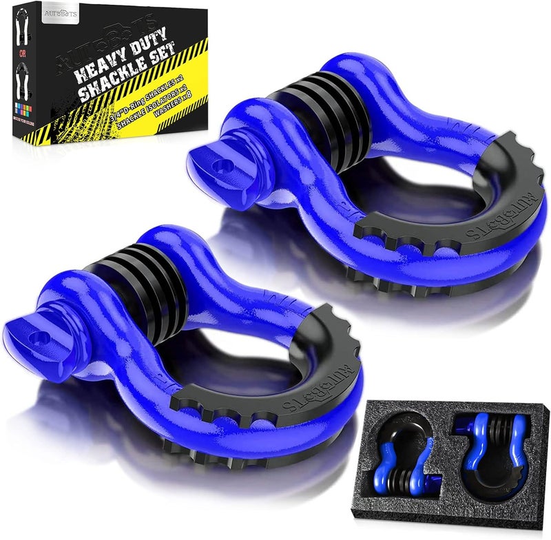AUTOBOTS Bow Shackles 3/4" D Ring Shackle (2 Pack), 48,000Ib Break Strength with 7/8" Pin, 2 Isolator and 4 Washers Kit for Offroad Vehicle Truck Recovery Blue - Image 1