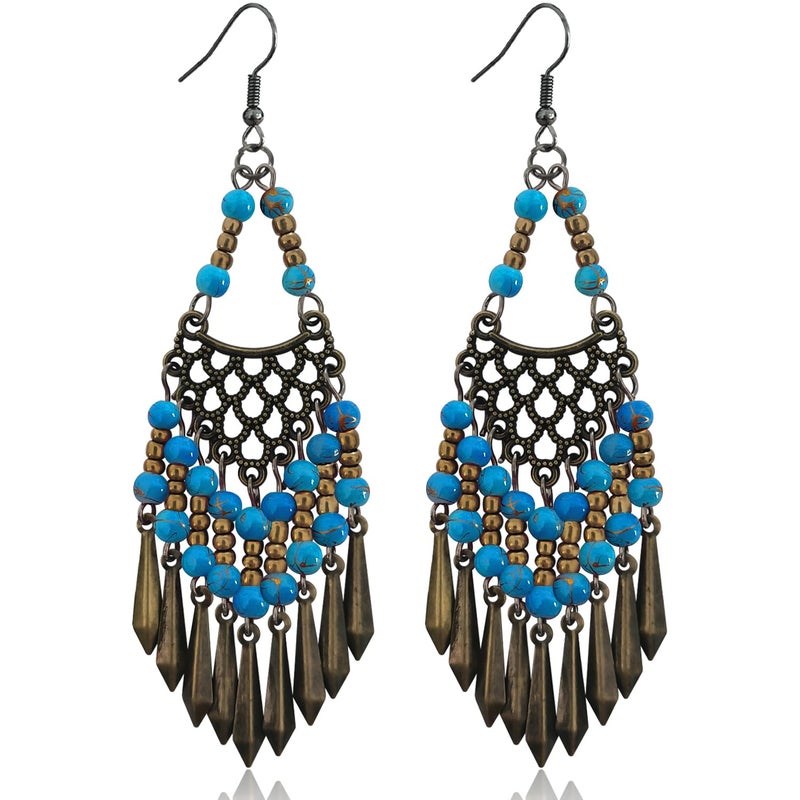 KVANU Handmade Vintage Bronze Bohemian Long Tassel Colorful Bead Dangle Drop Earrings Big Tribal Chandelier Geometry Hook Earrings for Women Statement Jewelry Gifts (Lake Blue) - Image 1