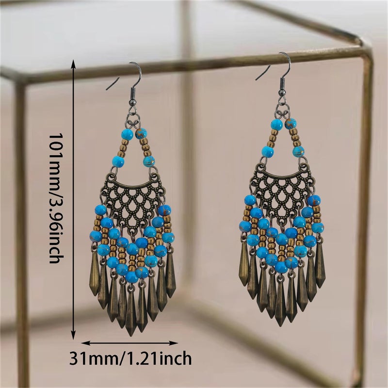 KVANU Handmade Vintage Bronze Bohemian Long Tassel Colorful Bead Dangle Drop Earrings Big Tribal Chandelier Geometry Hook Earrings for Women Statement Jewelry Gifts (Lake Blue) - Image 2