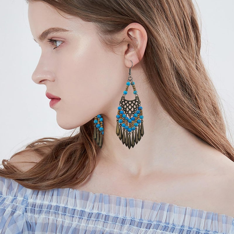 KVANU Handmade Vintage Bronze Bohemian Long Tassel Colorful Bead Dangle Drop Earrings Big Tribal Chandelier Geometry Hook Earrings for Women Statement Jewelry Gifts (Lake Blue) - Image 5
