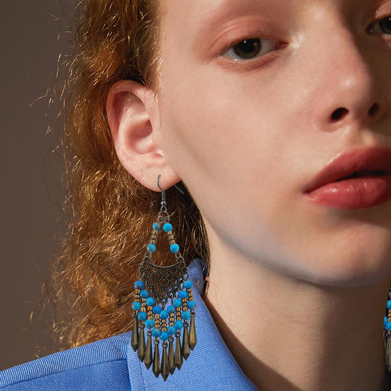 KVANU Handmade Vintage Bronze Bohemian Long Tassel Colorful Bead Dangle Drop Earrings Big Tribal Chandelier Geometry Hook Earrings for Women Statement Jewelry Gifts (Lake Blue) - Image 4