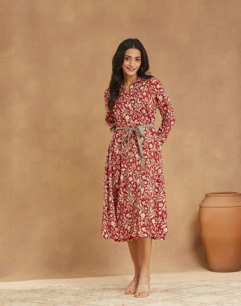 Fabindia Red Cotton Bagru Printed Midi Dress