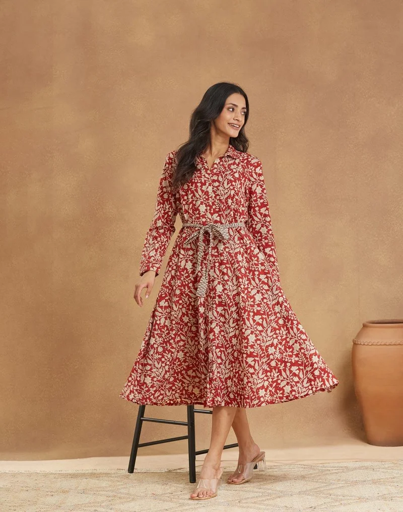 Fabindia Red Cotton Bagru Printed Midi Dress