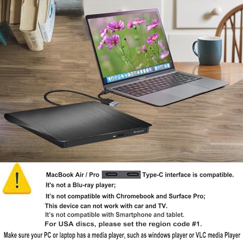 Mougerk External DVD CD Drive, USB 3.0 Type-C Ultra Slim Drives CD DVD RW Player/DVD CD ROM Drive/Writer/Rewriter/USB CD Burner Compatible with Mac MacBook Pro, Laptops Desktops - Image 3