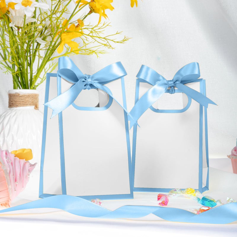 Kolldenn 24 Pcs Small Gift Bags with Bow 6.3 x 3.9 x 2.8 Inch Thank You Gift Bags Elegant Mini Paper Bag with Handles for Wedding Bridal Birthday Baby Shower Bridesmaid Party Favors(White Blue) - Image 3
