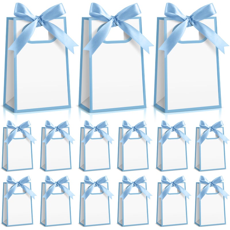 Kolldenn 24 Pcs Small Gift Bags with Bow 6.3 x 3.9 x 2.8 Inch Thank You Gift Bags Elegant Mini Paper Bag with Handles for Wedding Bridal Birthday Baby Shower Bridesmaid Party Favors(White Blue) - Image 1