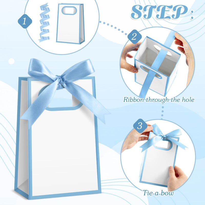 Kolldenn 24 Pcs Small Gift Bags with Bow 6.3 x 3.9 x 2.8 Inch Thank You Gift Bags Elegant Mini Paper Bag with Handles for Wedding Bridal Birthday Baby Shower Bridesmaid Party Favors(White Blue) - Image 5