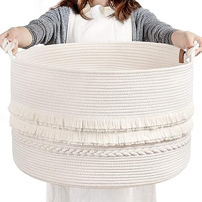 CherryNow Large White Woven Storage Basket, Boho Decorative Basket for Home Decor, Towel basket for Bathroom, Bedroom, - Image 1