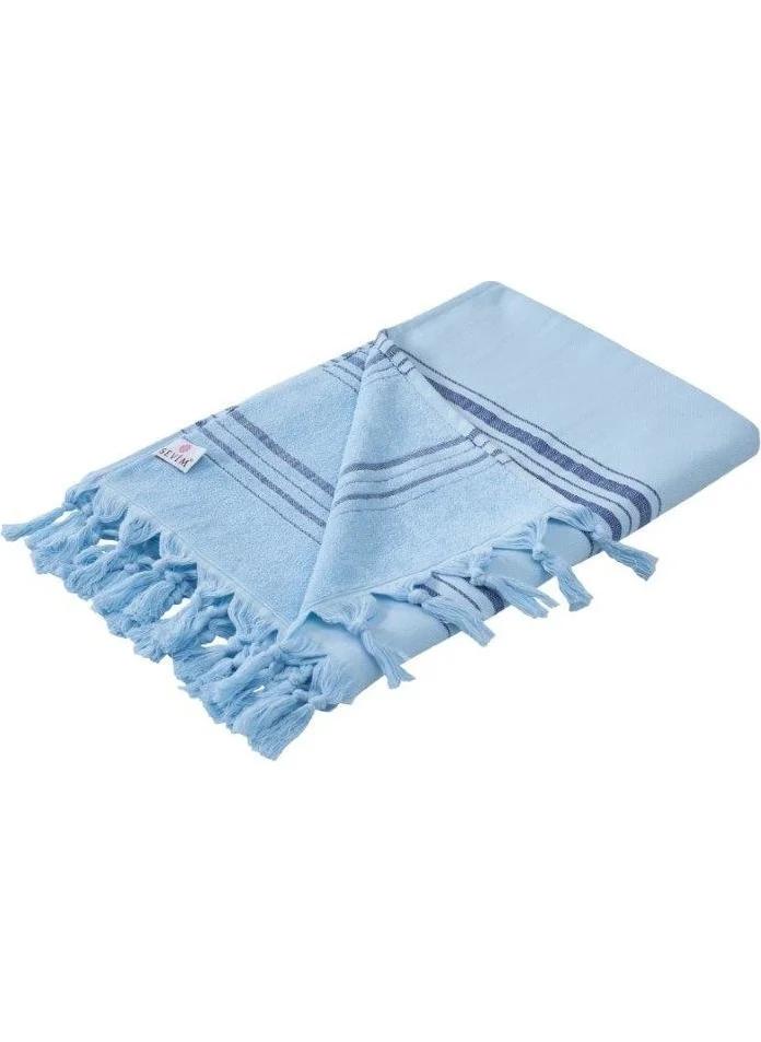 Sevim Blue Striped Towel Peshtemal - Soft and Highly Water Absorbent - 100% Cotton