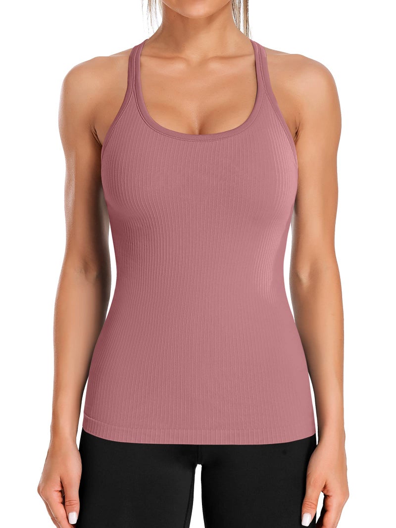 ATTRACO Ribbed Workout Tops for Women with Bra Built in Slim Fit Athletic Tank Top Red Merlot - Image 1