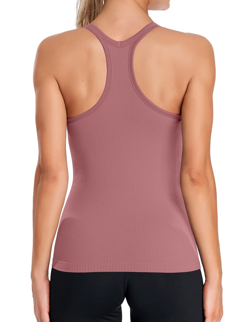 ATTRACO Ribbed Workout Tops for Women with Bra Built in Slim Fit Athletic Tank Top Red Merlot - Image 2