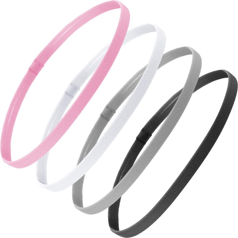 Bememo 4 Pieces Thick NonSlip Elastic Sport Headbands Hair Headbands for Women and Men Black White Gray Pink