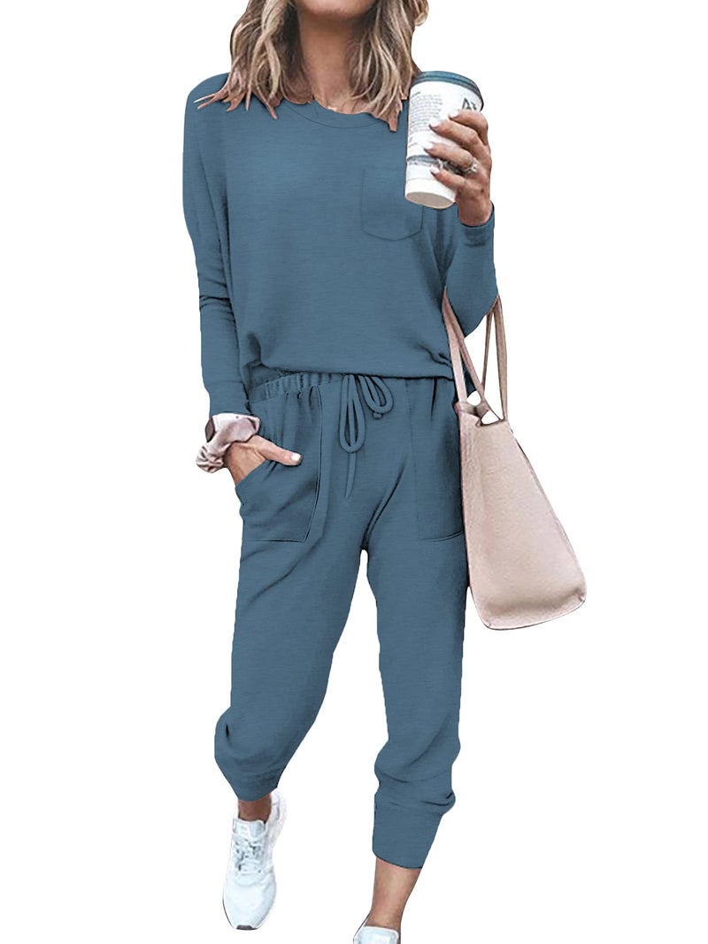Bofell 2 Piece Outfits for Women Solid Color Loungewear Loose Tracksuit Set Blue S - Image 1
