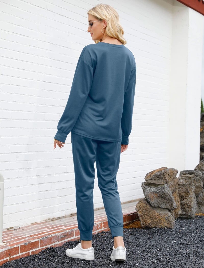 Bofell 2 Piece Outfits for Women Solid Color Loungewear Loose Tracksuit Set Blue S - Image 4