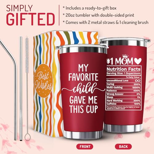 ZAGKOO Mothers Day Gifts for Mom from Daughter, Son, Kids - Funny Mom Gift - Mama Coffee Cup My Favorite Child Gave Me This Cup - Birthday, Mothers Day, Christmas Gift Idea - 20oz Stainless Steel Red Tumbler - Image 3