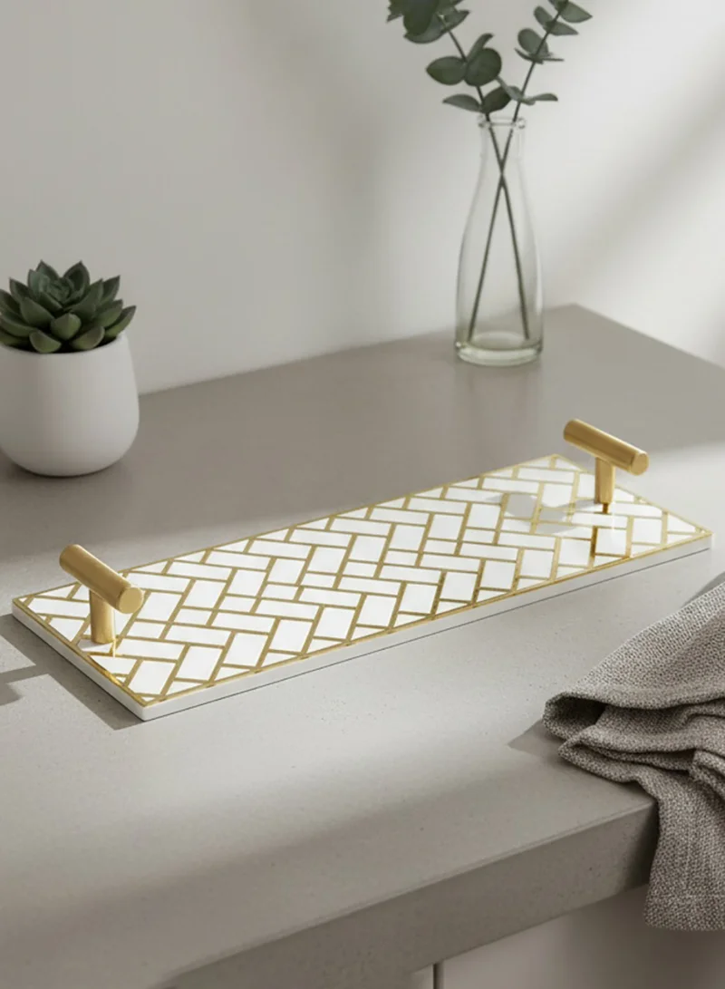 LOWHA Acrylic Serving Tray with Gold Metal Handles and Decorative Design