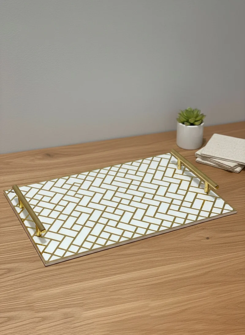 LOWHA Acrylic Serving Tray with Gold Metal Handles and Decorative Design