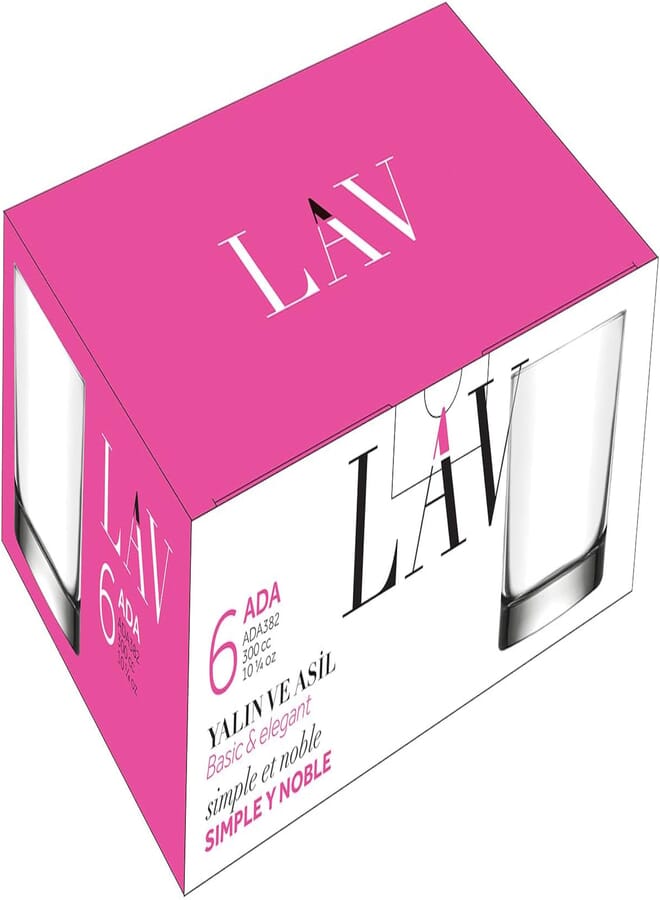 LAV ADA Glass / 300 cc - 10.25 Oz / 6 Pcs/Elegant design, Trusted Brand, Attractive shape of Water, Soft Drink, Smoothies, Juices, Cocktails/High Quality Materials