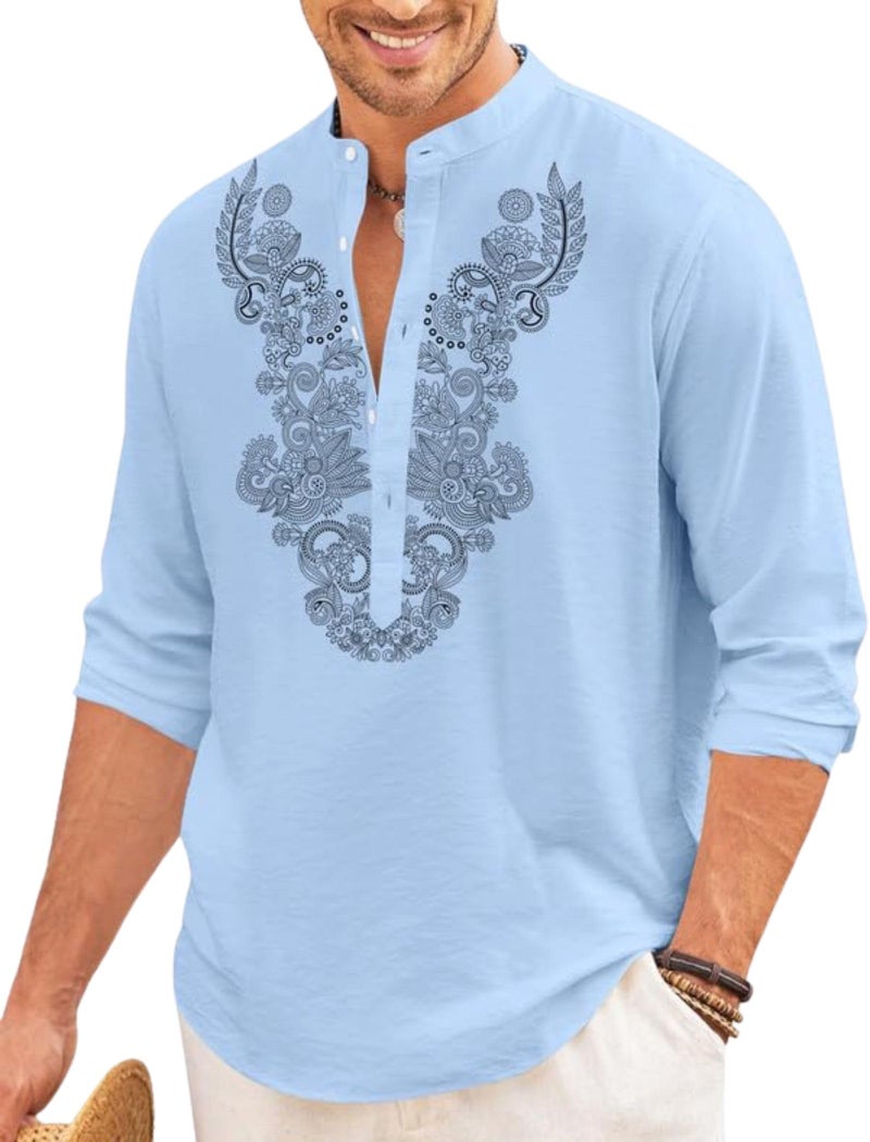 FINIVO FASHION Men’s Cotton Blend Short Kurta with Full Sleeves and Ethnic Neck Design | Casual Crinkle Texture Kurta with Mandarin Collar Sky - Image 1