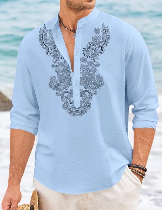 FINIVO FASHION Men’s Cotton Blend Short Kurta with Full Sleeves and Ethnic Neck Design | Casual Crinkle Texture Kurta with Mandarin Collar Sky - Image 4