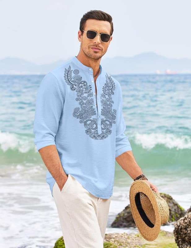 FINIVO FASHION Men’s Cotton Blend Short Kurta with Full Sleeves and Ethnic Neck Design | Casual Crinkle Texture Kurta with Mandarin Collar Sky - Image 2