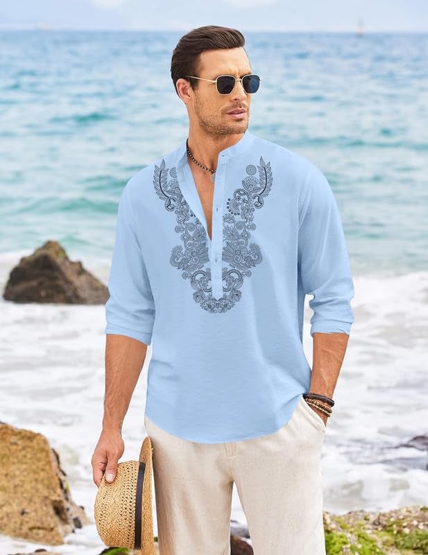 FINIVO FASHION Men’s Cotton Blend Short Kurta with Full Sleeves and Ethnic Neck Design | Casual Crinkle Texture Kurta with Mandarin Collar Sky - Image 3