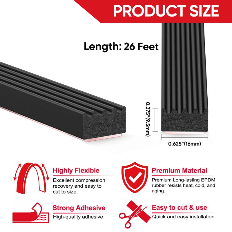 UIOCSSC 26Ft EPDM Rubber Weather Stripping Foam RV Door Seal Self-Adhesive Marine Hatch & RV Door Seal, Automotive Weatherstrip for Enclosed Trailer, Boat, Truck Bed & Home, W:0.625"; H:0.375" - Image 3