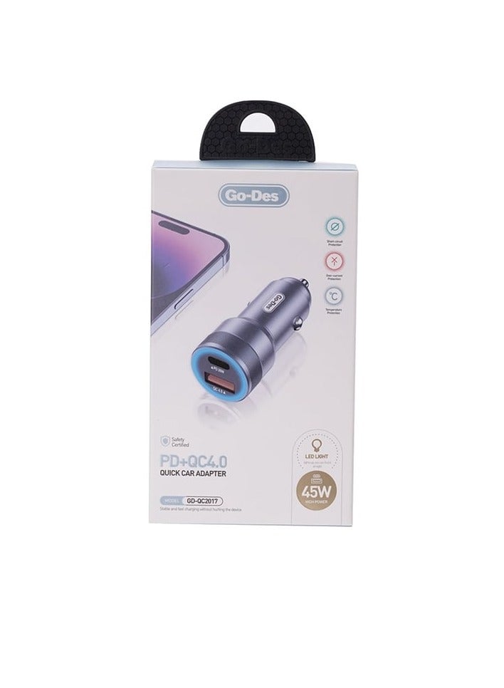 GO-DES Go Des GD-QC2017 45W USB + USB-C Car Charger Black - Image 2