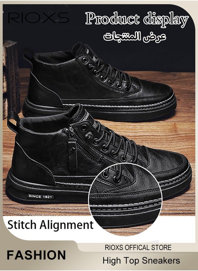 RIOXS Men's Casual Leather Boots,Fashion High Top Sneaker,Lightweight Lace Up Flat Shoes,Dressy Sneaker Ankle Boot For Men,Daily Walking Shoes For Office Family Parties Holiday Travel, Pair With Jeans Jacks Coat, Mens Athlesiure Shoes  - Image 3